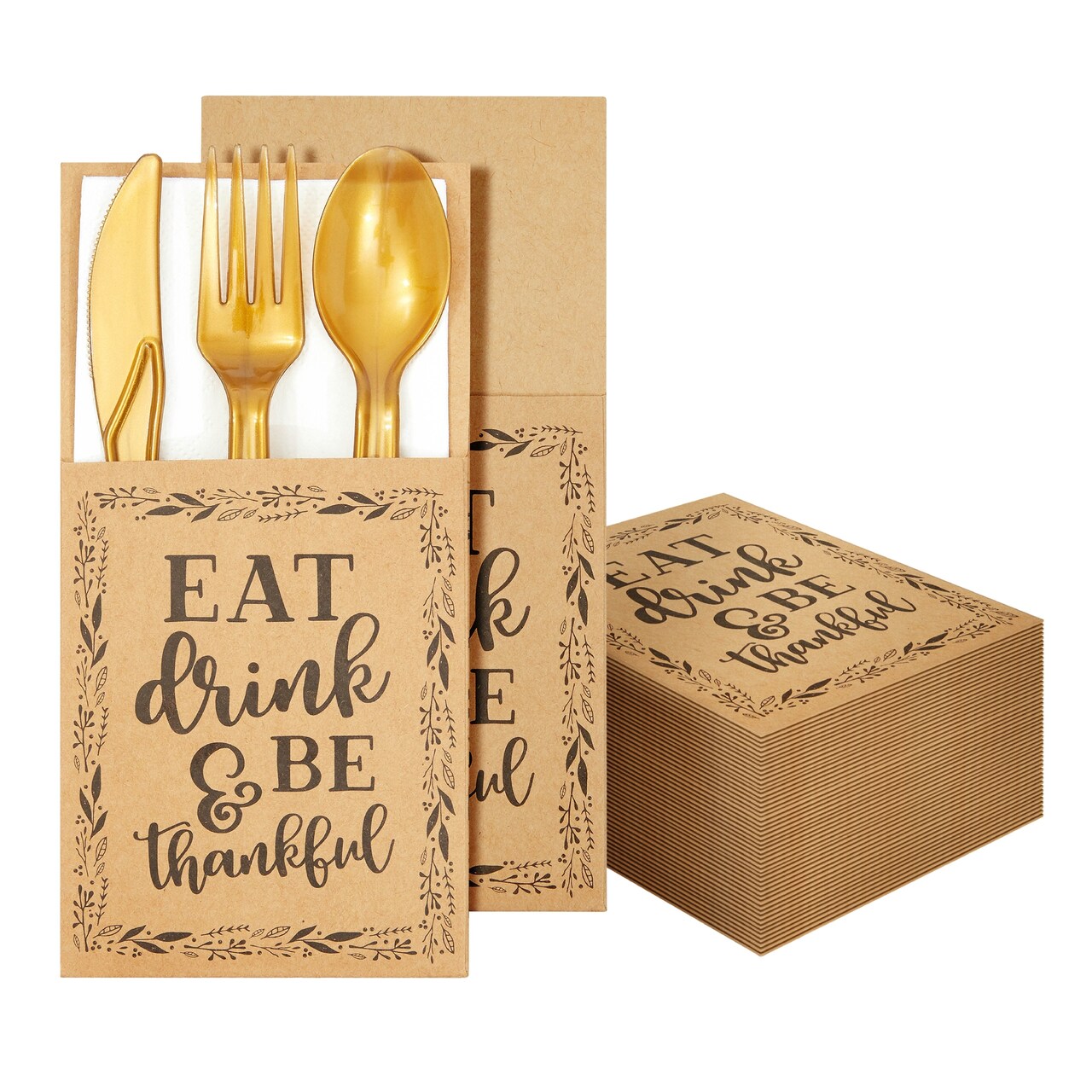 Sparkle and Bash 36 Pack Thanksgiving Utensil Holder - Eat, Drink & Be Thankful - Large Kraft Paper Cutlery Pockets, Silverware Holders for Thanksgiving Holiday Decoration, Party Supplies